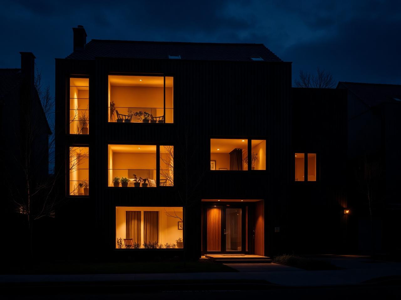 Bostadshus i mörkpanel